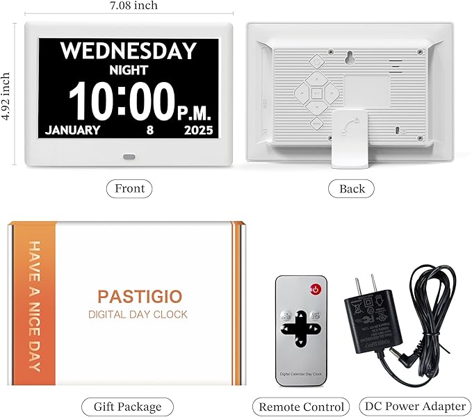 2025 NEW, Digital Clocks, 7'' Dementia Clock with Date and Time for Elderly, Auto-Dimming, 12 Reminders & 6 Alarms, Button & Remote Control, Auto DST, Digital Calendar for Seniors Large Display