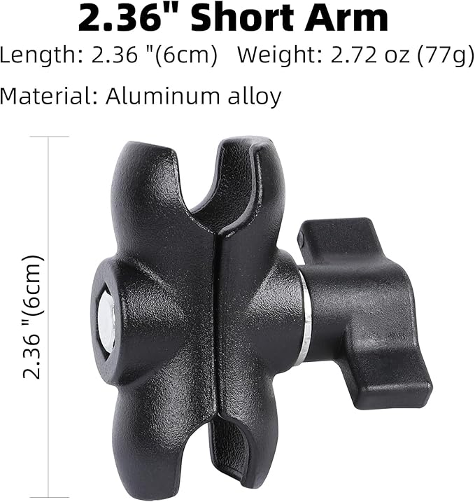 Aluminum Alloy Double Socket Arm Compatible with RAM Mounts B Size 1" Ball Components, Fits Industry All Standard 1" Ball Adapters (2.36" Short Arm)