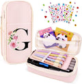 Preppy Pencil Case for Girls, Cute Large Pencil Pouch, Personalized Initial Pencil Bag with Zipper for School College Office Supplies, Back to School Supplies Gifts for Teen Girls (G, Pink)
