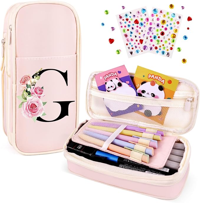 Preppy Pencil Case for Girls, Cute Large Pencil Pouch, Personalized Initial Pencil Bag with Zipper for School College Office Supplies, Back to School Supplies Gifts for Teen Girls (G, Pink)