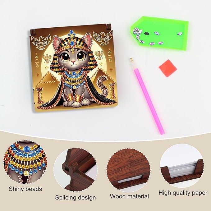 Wooden DIY Egyptian Cat Diamond Art Notecard Box – DIY Gem Art Sticky Note Holder for Adults 160 Sheets Memo Pad Storage