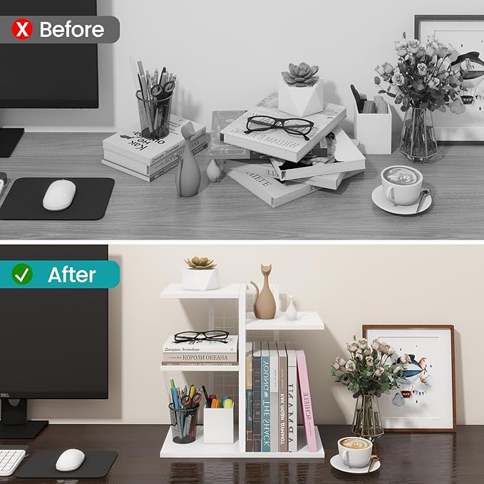 ELITEROO Desk Bookshelf, 4 Tier Wood Desktop Bookshelf, Adjustable Table Top Book Shelf and Storage Rack for Office Supplies, Dorm, Home Office, White