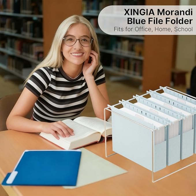 Wheat Straw Plastic Hanging File Folders Letter Size, 2'' Expansion Extra Capacity Filing Cabinet Folders with Tabs, 12 Pack Reinforced Accordion File Organizer for Office School(Morandi Blue)