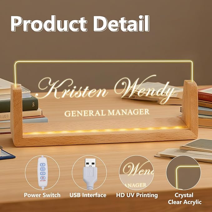 Ships Next Day, Custom Name Plate for Desk - Business Light Up Acrylic Desk Name Plate Personalized Elegant Office Gift for Boss Coworker Teacher Employee Appreciation Gift, Office Decor for Women Men