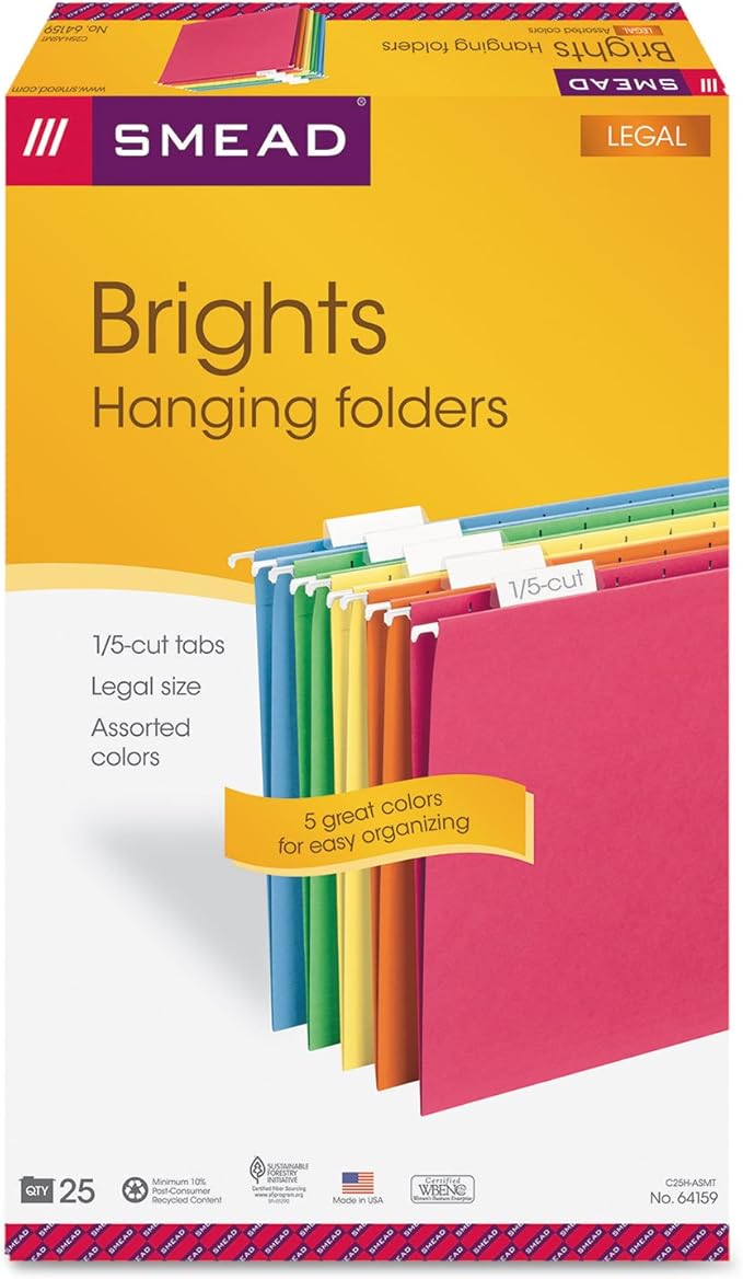 Smead Hanging File Folder with Tab, 1/5-Cut Adjustable Tab, Legal Size, Assorted Primary Colors, 25 per Box (64159) (Pack of 1)