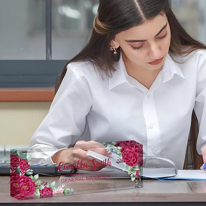 Personalized Name Plate for Desk, Custom Acrylic Desk Name Sign, Office Appreciation Gifts for Women Men Coworkers Boss Teacher Employee (Flower-Rose)