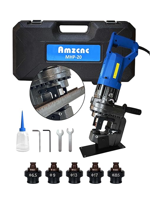 AMZCNC 110V 1200W Electric Hydraulic Hole Puncher Φ1/4"-4/5" Punching Machine Metal Hole Punch with Carbon Brush 5 Dies for Iron Copper Aluminum Plate Angle Steel