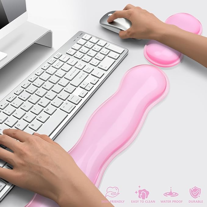 Gel Keyboard and Mouse Wrist Rest, Cute Wrist Support and Arm Support Keyboard Rest for Keyboard and Mouse Typing Pain Relief，Suitable for Office/Computer/Laptop/Gaming (Transparent Pink Set)