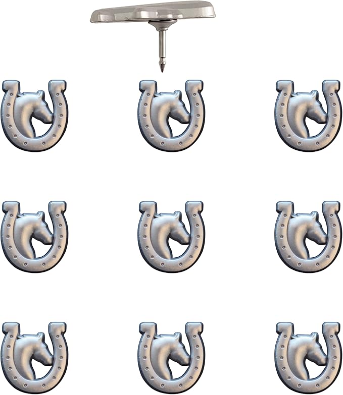 Horse and Horseshoe Pins - Silver Horse Map Pins for Cork Boards, Maps, or Lapel Use - Designed in USA - Set of 10