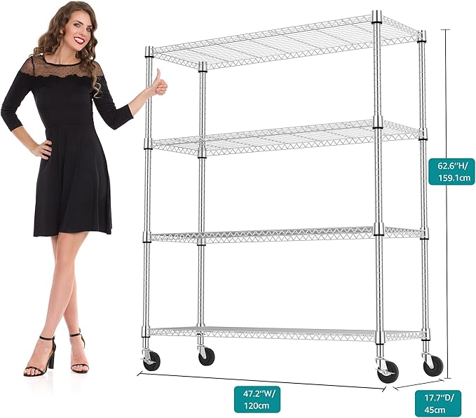 4 Tiers Shelf 1400 lbs Steel Storage Shelving Utility Shelving Unit Steel Organizer Wire Rack for Home,Kitchen,Office,Garage Chrome 17.7" D x 47.2" W x 62.6" H