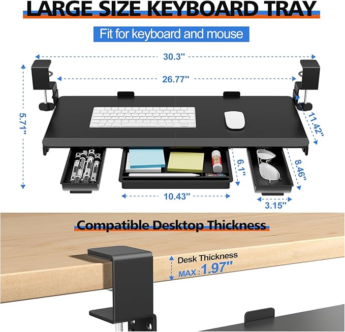 Large Height Adjustable Keyboard Tray with Sturdy C-Clamp Mount and Storage Drawer, 27"(31" Including Clamps) x 12" Slide Out Ergonomic Keyboard Trays for Home and Office, Black