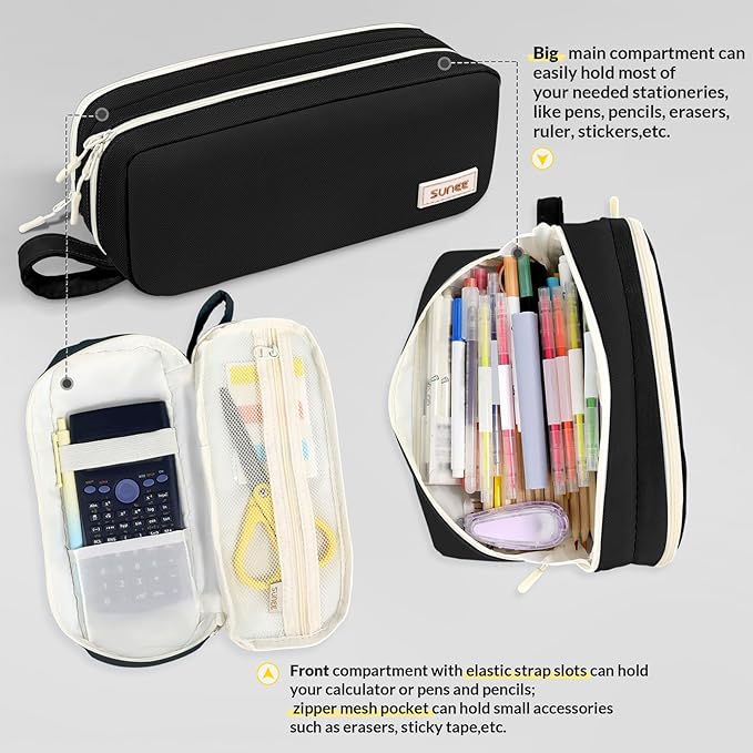SUNEE Pencil Case, Large Capacity Pencil Pouch, Aesthetic Pen Bag Office Stationery Organizer Simple Sturdy Multifunctional for Teen Girls Women Men, Black