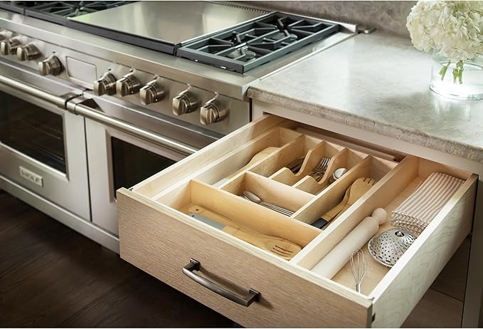 Rev-A-Shelf Trim-to-Fit Silverware Drawer Organizer for Kitchen Utensil Cutlery Cabinet Storage, Natural Maple Wood 9 Compartment Tray Insert 4WCT-3SH