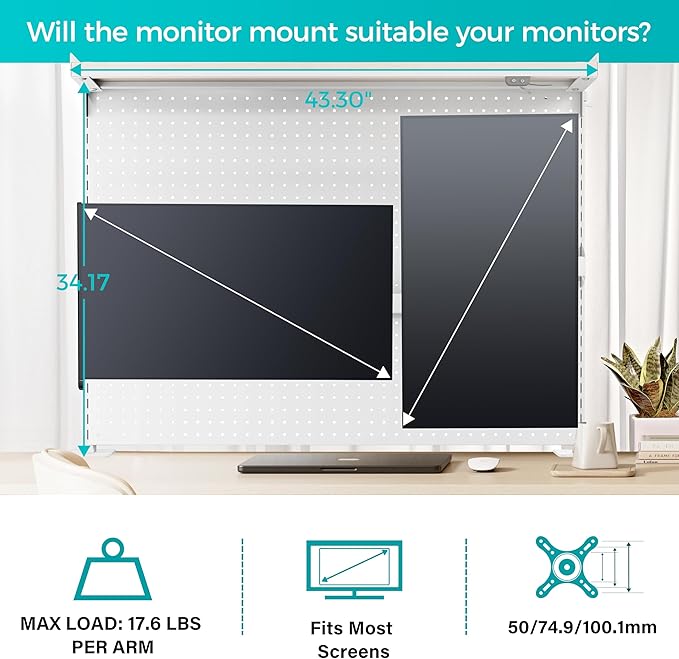 EUREKA ERGONOMIC Desk Pegboard with Dual Monitor Stands, LED Metal Pegboard for Gaming Desk, Privacy Panel with 4 Accessories Modular Hanging, Computer Accessories for Office, 43 x 34 Inch, White