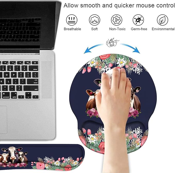 Keyboard Wrist Rest and Mouse Pad Wrist Support Set, Non-Slip PU Base Ergonomic Gaming Mousepad for Home Office Working Studying Easy Typing & Pain Relief - Floral Quote Funny Cows Combination