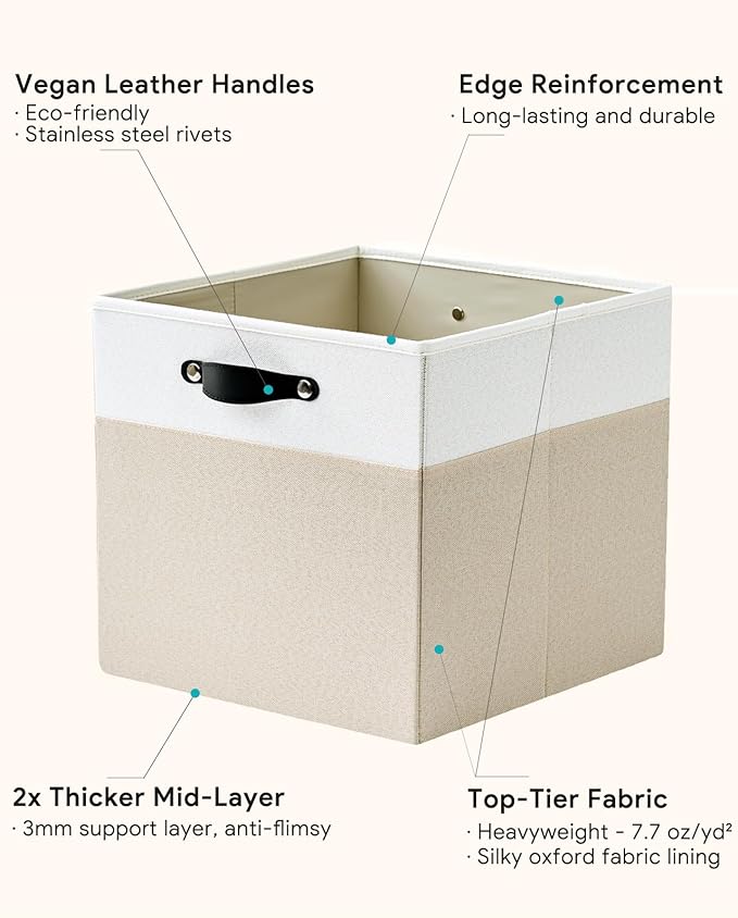 Storage Cube Bins | 7.7 oz/yd² Fabric Cubby Organizer Baskets for Shelf, Bookcase, Closet, Cabinet, Wardrobe | 13x13 Cube Drawer | 6 Pack, Beige & White, 13x13x13 Inch