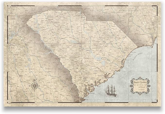 Conquest Maps Push Pin South Carolina Map Board - With Push Pins to Mark South Carolina Travels - Handmade in Ohio, USA - Design: Rustic Vintage