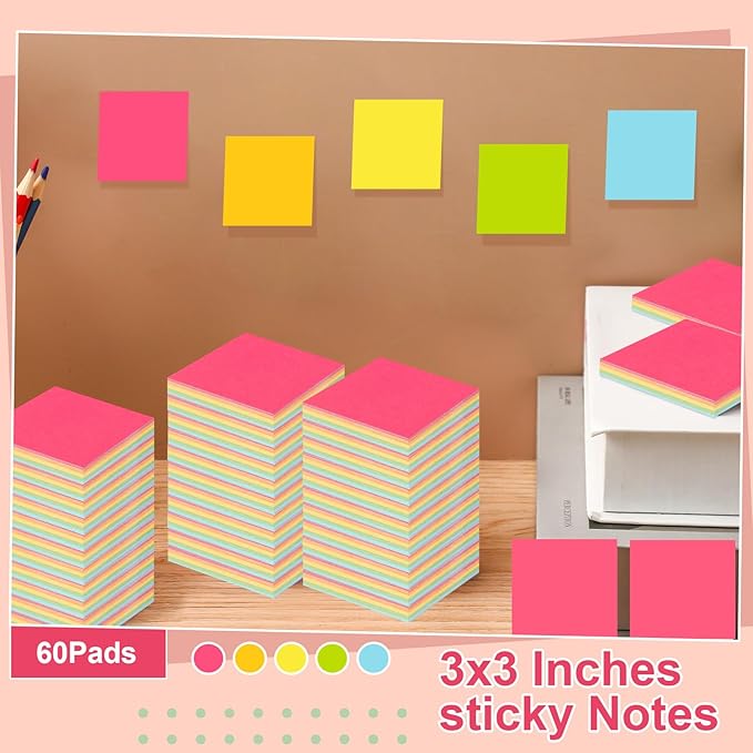 Thenshop 60 Packs Sticky Notes Bulk 3x3 Inches Colorful Self Stick Note Pads Paper Memo for Office School Notebook Supplies, 60 Pads, 50 Sheets/pad (Bright Color)
