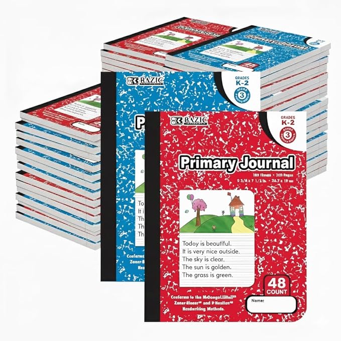 BAZIC PRODUCTS Primary Journal Composition Book Marble, Primary Journal, Writing Journal, Notebooks for Kids, Drawing & Writing Notebook for Kindergarten School Use, Grades K-2, 100 Sheets, 48-Pack