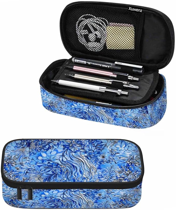 Blue Flower Pencil Case Beautiful Flowing Reflection Pencil Bag Pouch Box Organizer for College School Students Boy Girl