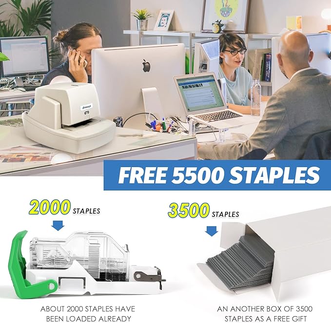 Heavy Duty Electric Stapler, 70 Sheets 60g Paper Capacity, Automatic Flat-Clinch Stapler, Quiet and Anti-Jam for Office/School, with 5500 Staples