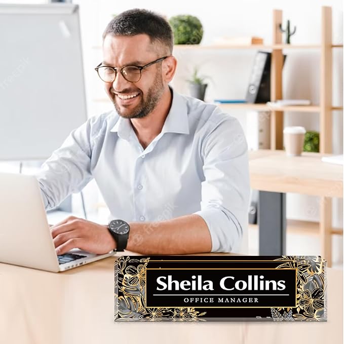 Custom Name Plate for Desk, Employee Appreciation Gifts, Acrylic Desk Name Plate Personalized, Office Decor, Funny Office Gifts for Coworkers Boss Teacher (Gold Flower)