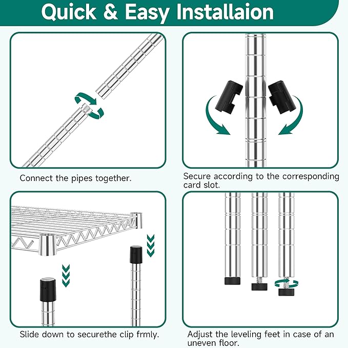 4 Tiers Shelf Metal Storage Shelves 2640 lbs Steel Storage Shelving Utility Shelving Unit Steel Organizer Wire Rack for Home,Kitchen,Office,Garage Chrome 17.7" D x 47.2" W x 70.3" H