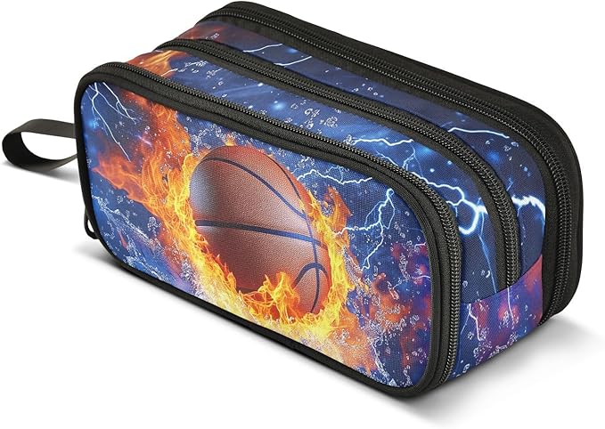 Basketball Lightning Fire Pencil Case Box for kids Teens Boys Girls Large Pencil Pouch with Zipper Compartments Big Capacity Stationery Pen Bag Organizer for Kids Teens Adults School Office