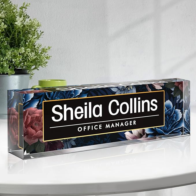 Custom Acrylic Name Plate for Desk, Employee Appreciation Gifts, Office Decor, Personalized, Funny Gifts for Coworkers, Boss, Teacher (Blue Flowers)