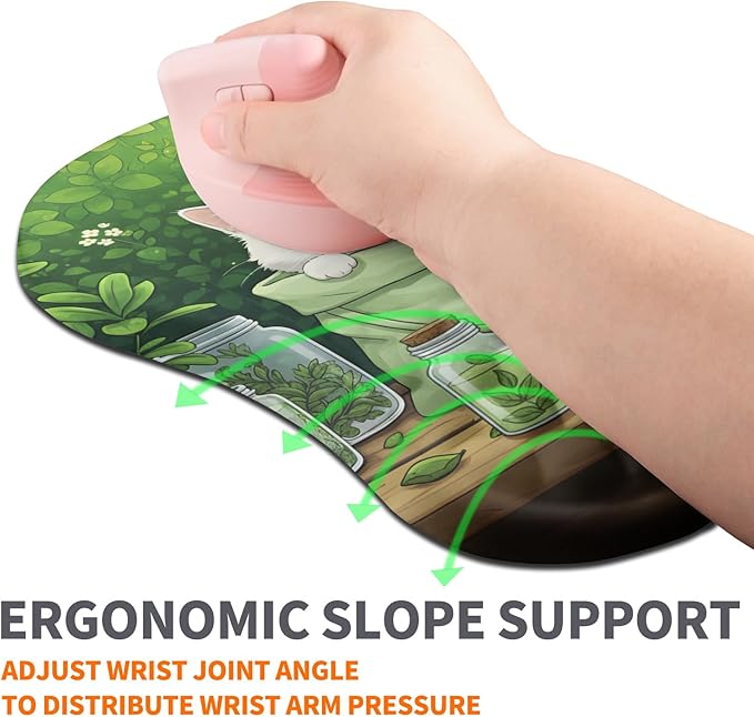 Ergonomic Joint Wrist Support Mouse Pad with Memory Foam Cushion Massage Bump, Carpal Tunnel Pain Relief Mousepad Slope Design for Wrist Rest, 11.8x7.9 in, Cute Kitten