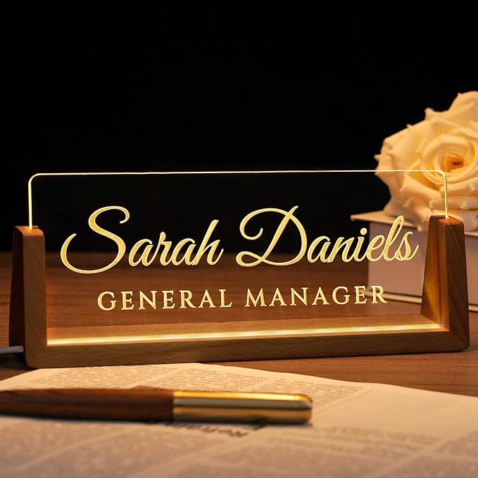 Desk Name Plate Personalized, Custom Office Light Up Name Plate for Desks, Desk Decorations for Women Men Office, Employee Appreciation Gifts for Coworkers (A-Text Only)