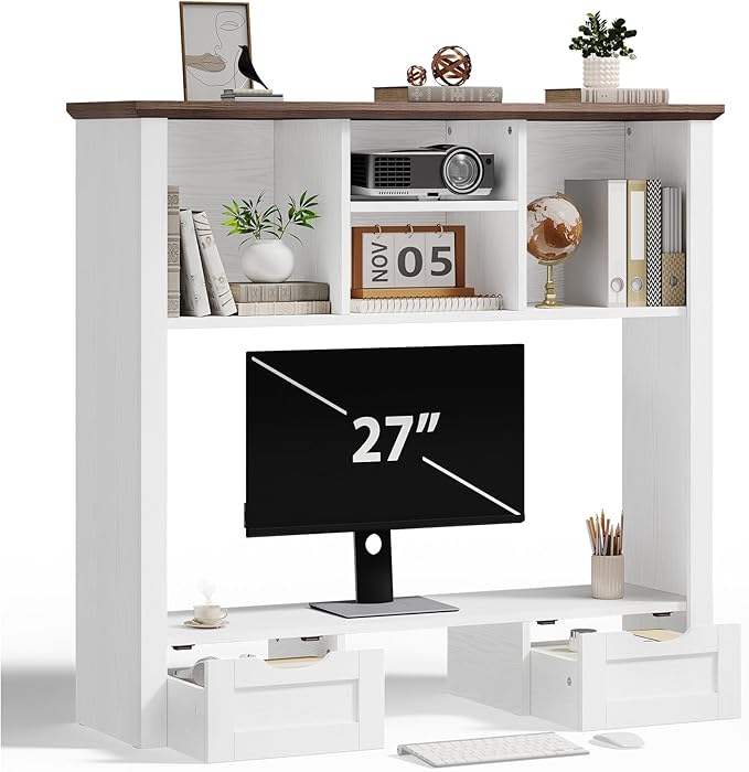 Desktop Bookshelf with Computer Monitor Stand, 37.4''W Desk Shelf Display Rack, Desktop Organizer Storage Rack with 4 Cubbies and 2 Drawers, 5-Tier Desk Hutch for Home, Office, Dorm, Vanity