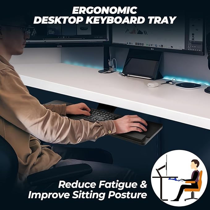 Ergonomic Keyboard Tray Under Desk，Large Size Keypad Tray Holder， 360° Adjustable Slide Out Keyboard Tray Under Desk with Mouse Pad & Wrist Rest， Suitable for Office/Game/Home