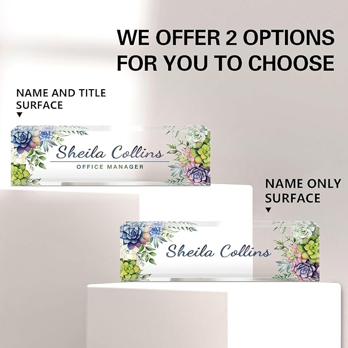 Custom Name Plate for Desk, Employee Appreciation Gifts, Acrylic Desk Name Plate Personalized, Office Desktop Accessories, Office Decor Gifts for Coworkers Boss Teacher (Succulents)