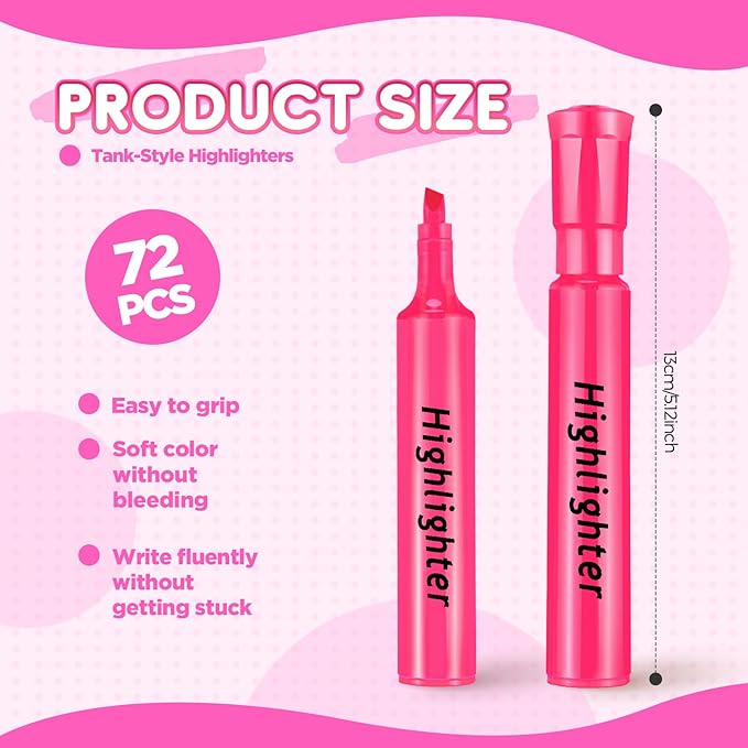 Qilery 72 Pack Highlighters Bulk, Tank Style Chisel Tip Highlighters Markers Pack Quick Drying for Adult Coloring, Home Office Supplies (Pink)