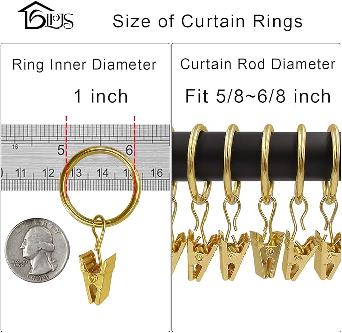 LLPJS 100 Pack Curtain Rings with Clips, Curtain Clip Rings Hooks, Bow Hanger Clips for Hanging Drapery Drapes Bows, Ring 1 inch Interior Diameter, Fits up to 5/8" Rod, Gold