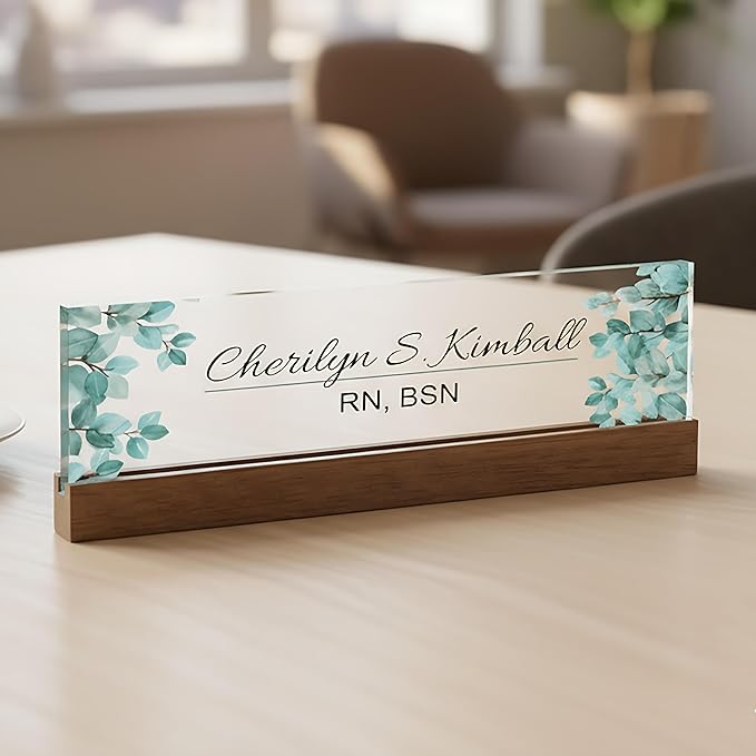 ARTBLOX | Office Personalized Name Plate Leaf V4 Design On Clear Acrylic Glass for Desk with Business Card Holder