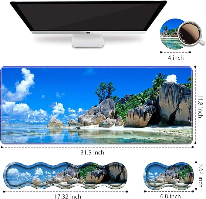 Ergonomic Keyboard Wrist Rest & Mouse Pad Wrist Rest Set, Large XXL Gaming Desk Mat 31.5"x 11.8",Non-Slip Base, Memory Foam,Easy Typing Pain Relief for Office & Home, Beaches Scene France Seychelles