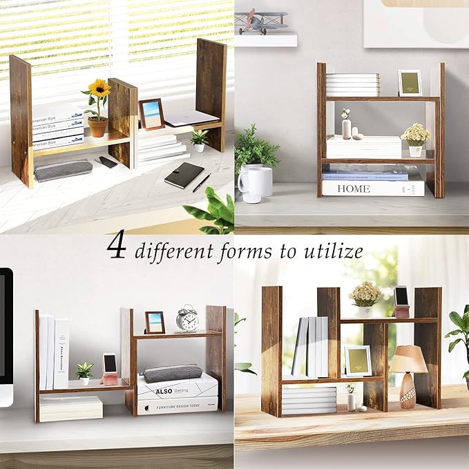 BROWN-BROWN Adjustable Wood Desk Shelf Organizer Office Home Multipurpose Desktop Shelf, Display Shelf Rack Top Mini Bookcase, Free Style Display Desktop Organization