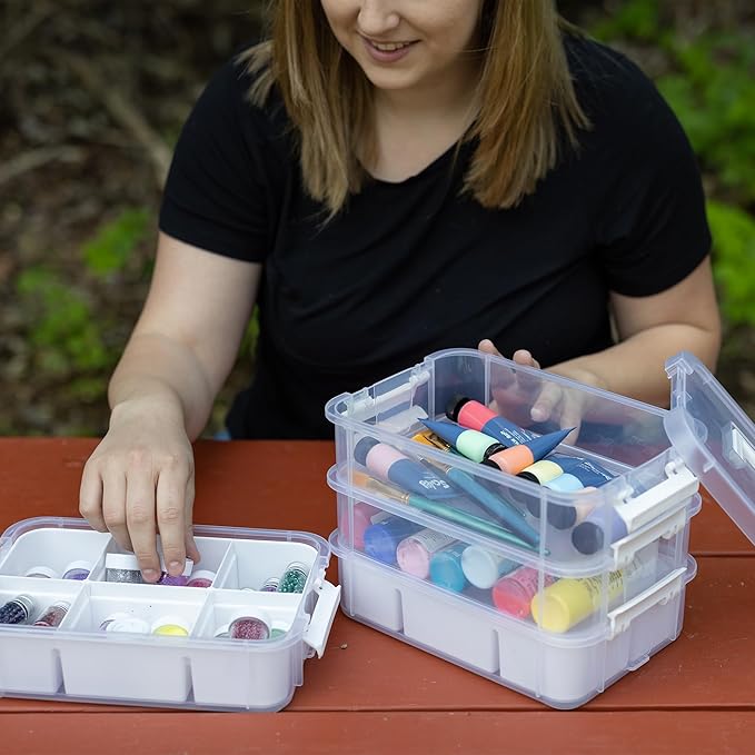 Everything Mary Clear 4-Tier Stackable Snap Box – Portable Plastic Craft Organizer for Paint Bottles, Glitter, Beads, Sewing Notions, DIY Supplies – Clear Storage Container with Handle