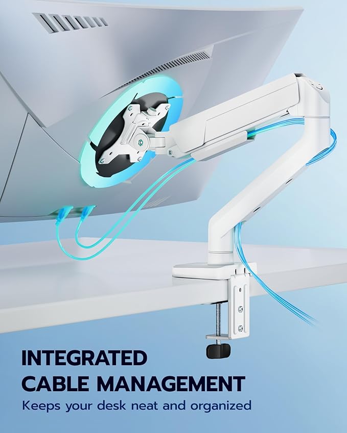 ARES WING Heavy Duty Single Monitor Arm - Fully Adjustable Monitor Mount for 17"-40" Ultrawide Screens Up to 26.4 lbs with Clamp/Grommet Desk Mount, 75/100 Vesa Mount, White