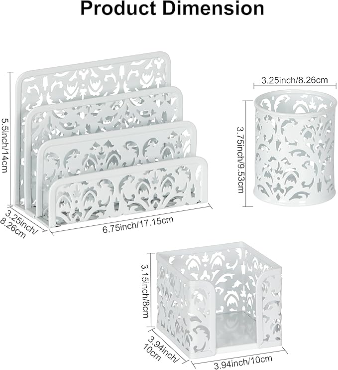 EasyPAG Desk Organizers and Accessories 3 Pieces Office Organizer Set - Pen Holder for Desk, Mail Sorter Countertop and Sticky Note Holder, White
