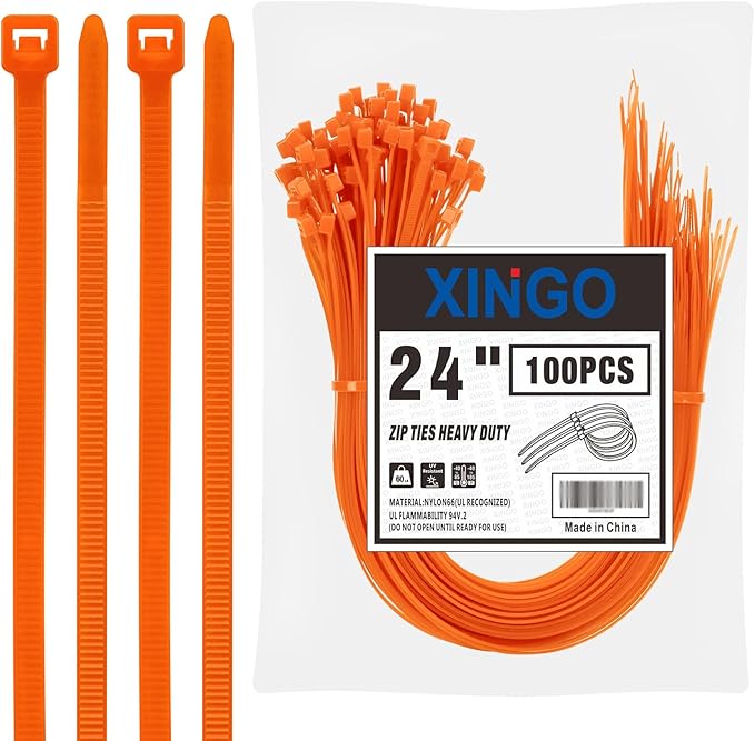 XINGO 24 inch Orange Zip Ties Heavy Duty (100 Pack), 60lb Tensile Strength, UV Resistant Cable Ties for indoor and outdoor use