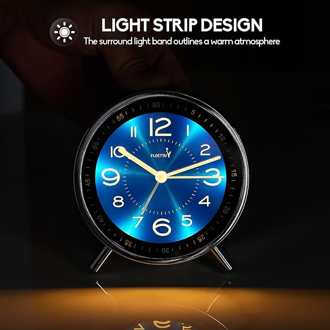Super Silent Metal Alarm Clock,Beep Wake Round Alarm Clock with Strip Night Light,Battery Operated,Easy Set,Simple & Retro for Desk, Bedroom and Home Decoration(Royal Blue)