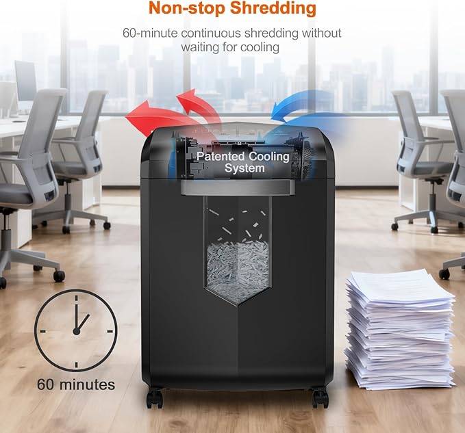 Bonsaii Heavy Duty 18-Sheet Cross-Cut Paper Shredder 60-Minute Runtime 6-Gallon Basket with Casters for Office Use Shreds Credit Cards and Staples