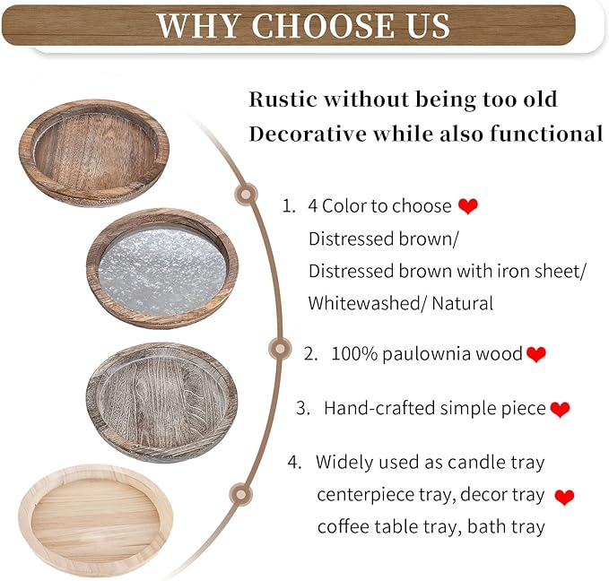 Hanobe Decorative Tray for Coffee Table: Round Candle Plate Holder Centerpieces for Dining Room Kitchen - Wooden Farmhouse Tray Vintage Home Decor