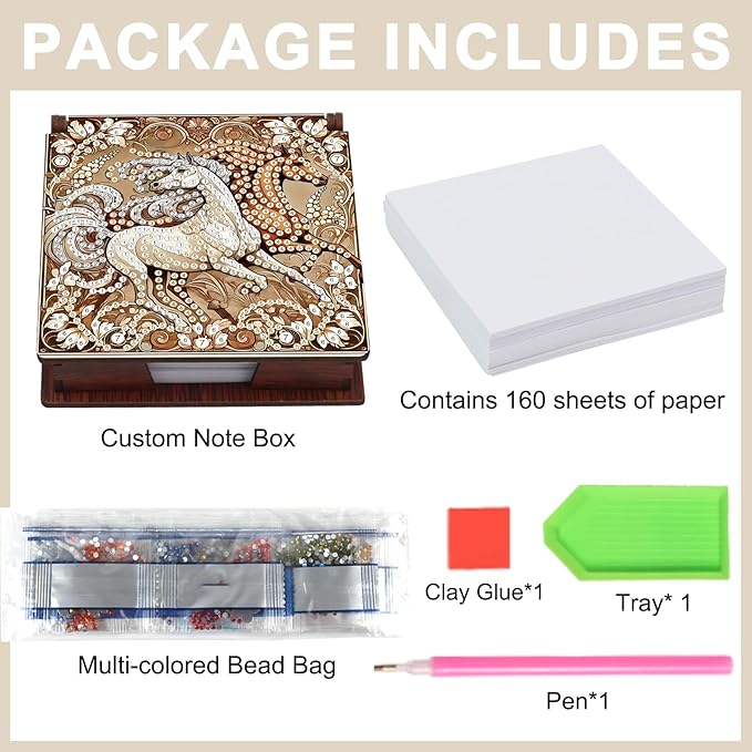 Wooden DIY Horse Diamond Art Notecard Box – DIY Gem Art Sticky Note Holder for Adults 160 Sheets Memo Pad Storage Desk