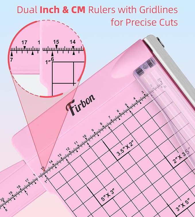 Firbon 12" Guillotine Paper Cutter with Hidden Ruler, Compact Heavy Duty 12-Sheet Capacity Trimmer for Cardstock, Photos, Scrapbooking, Office, Classroom, Studio (Pink)