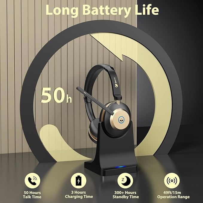 Earbay Wireless Headset, Bluetooth Headphones with Microphone Noise Canceling & USB Dongle, 50hrs Talk Time Headset with Mic Mute & Charging Dock for PC Computer Phone Teams Office Remote Work Call