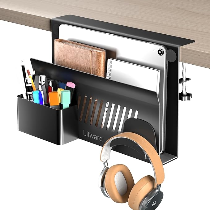 Litwaro Desk Side Storage, No Drill Laptop Holder with Magnetic Pen Holder, Clamp on Laptop Mount with Sticky Headphone Stand, Hanging Organizer for Office, Fits Flat Table Edge 0.4" to 2" (Black)